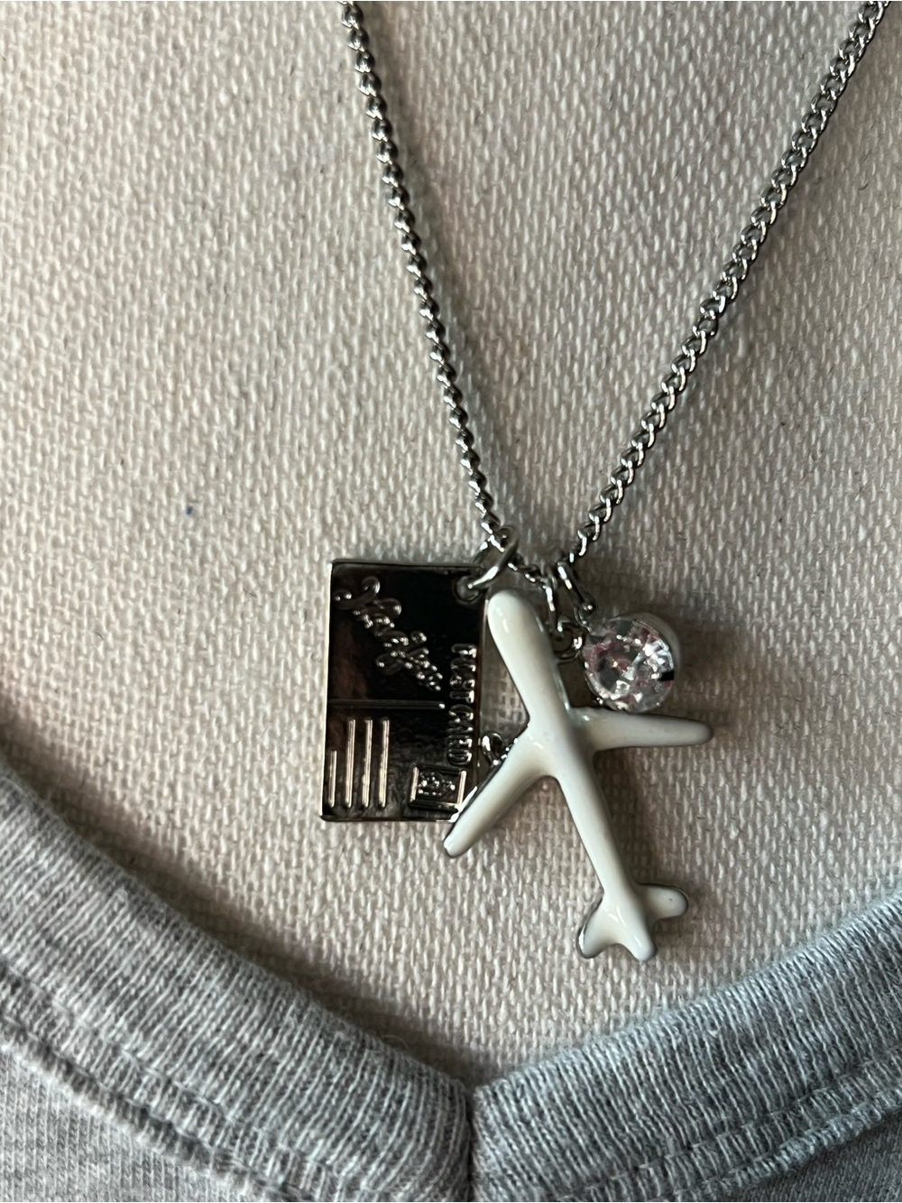 Silver Necklace with White Airplane Charm and Crystal Accent Travel